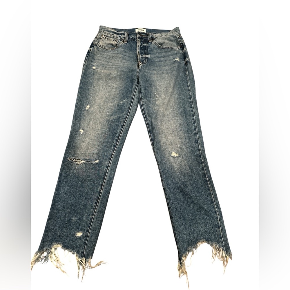 PISTOLA REVOLVE DISTRESSED DESTROYED BUTTON FLY BLUE JEANS RAW EDGE HEM 25